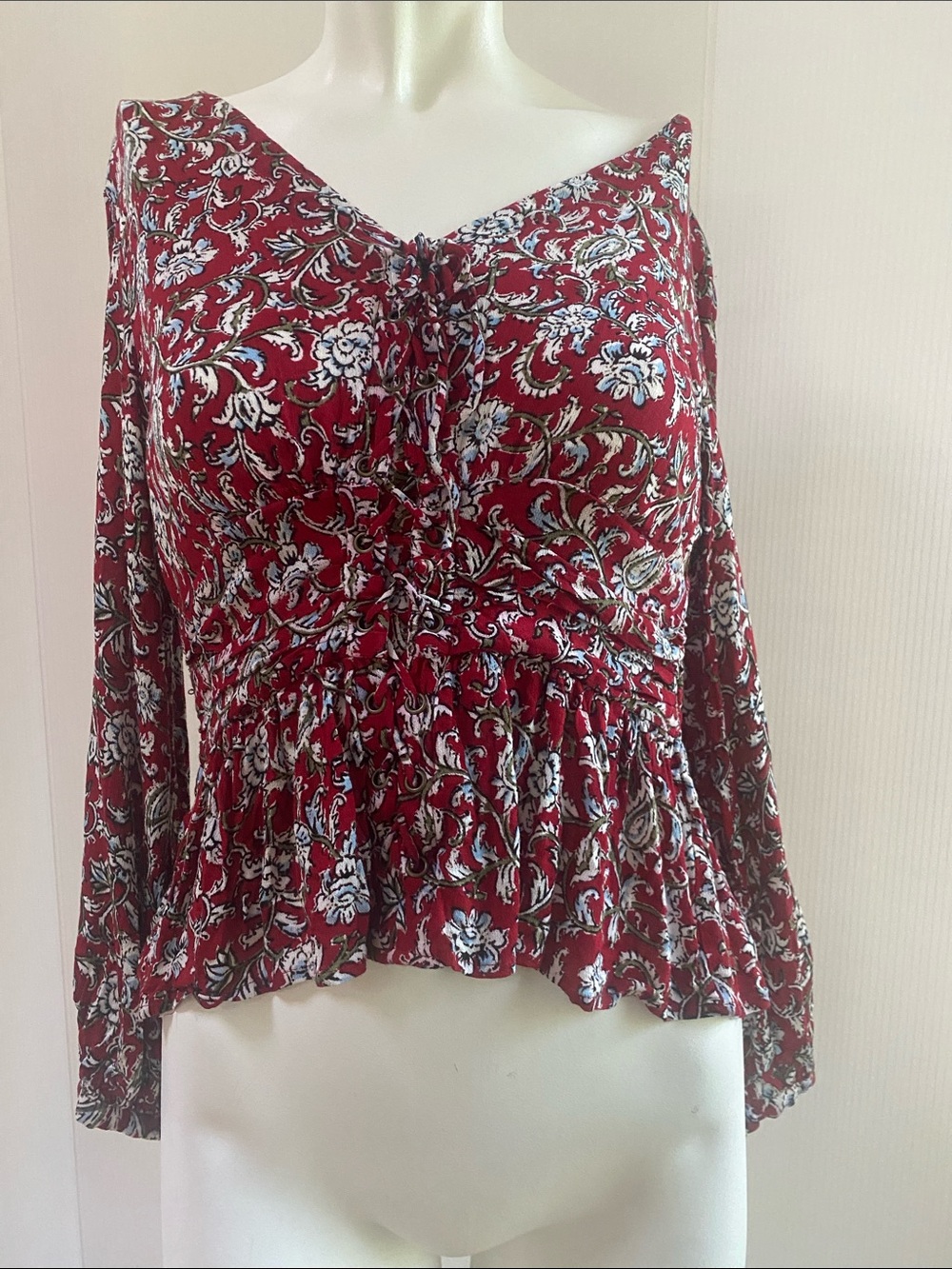 Anthropologie Red Floral Peplum Long-Sleeve Blouse